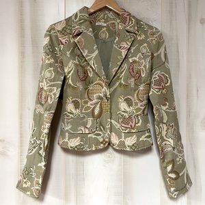 Motivi Green Cream Floral Cotton One Button Tapestry Blazer Jacket Sz 6